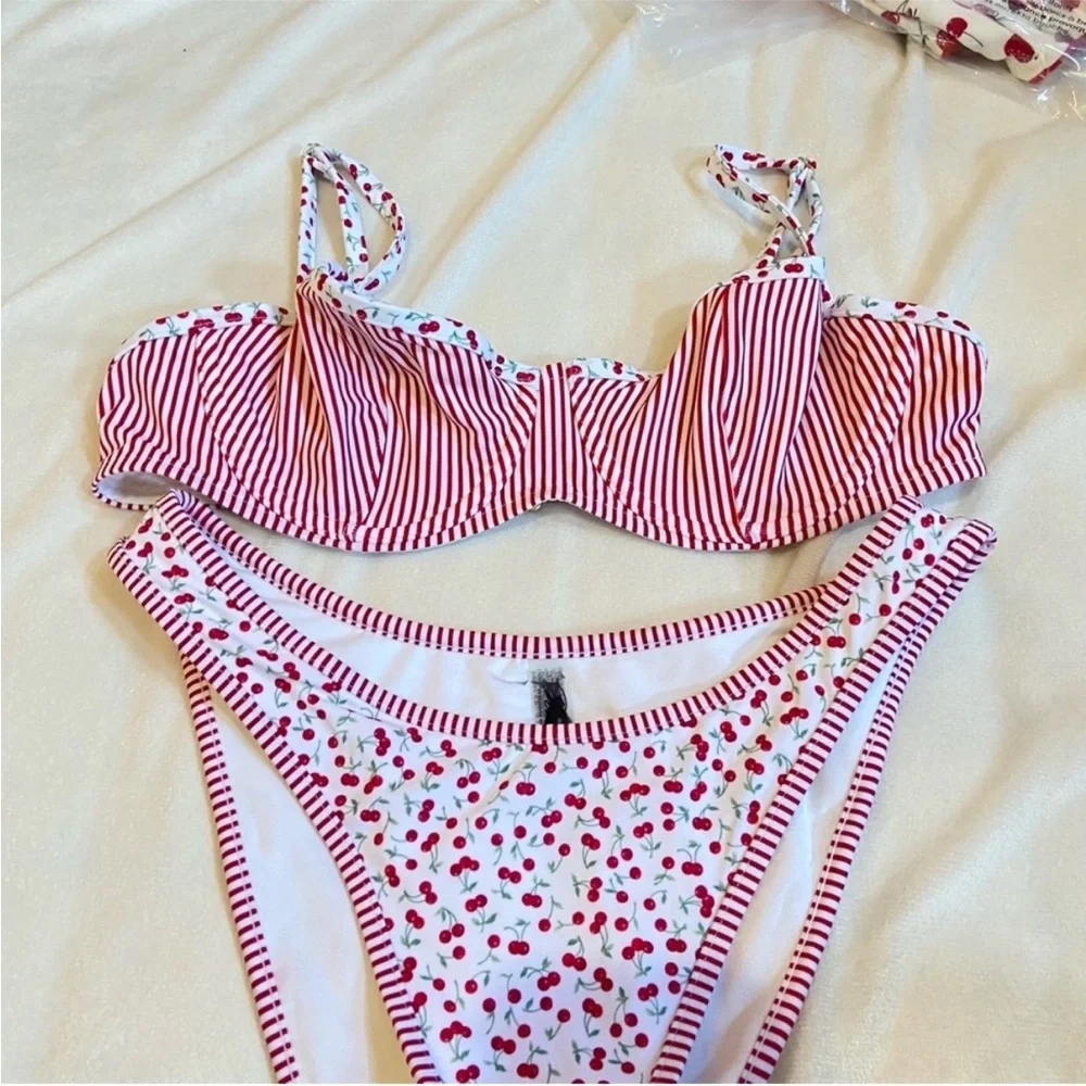 Frankie's Bikinis × PINK Cherry Striped Bikini Set